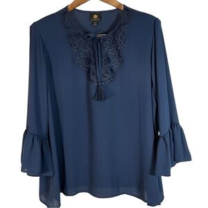 JM Collection Blouse Navy with Embroidered Neckline Sheer Flared Sleeves
